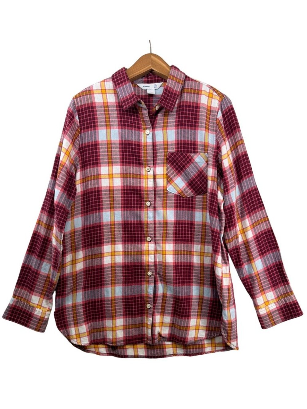 Old Navy Womens Top Sz L Maroon Plaid The Tunic Shirt ButtonUp Outdoorsy Classic